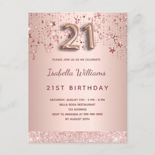 21st birthday rose gold pink balloon script stars postcard