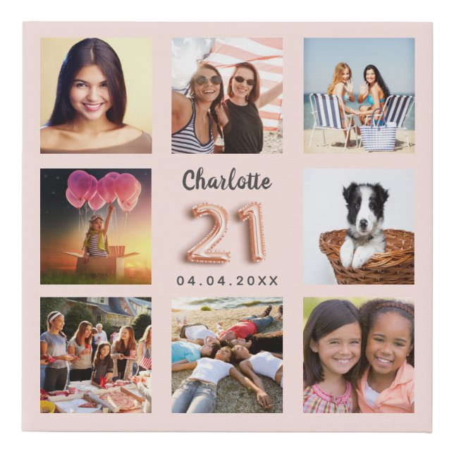 21st birthday rose gold pink custom photo collage faux canvas print (Front)