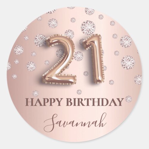 21st birthday rose gold pink diamonds balloon font classic round sticker