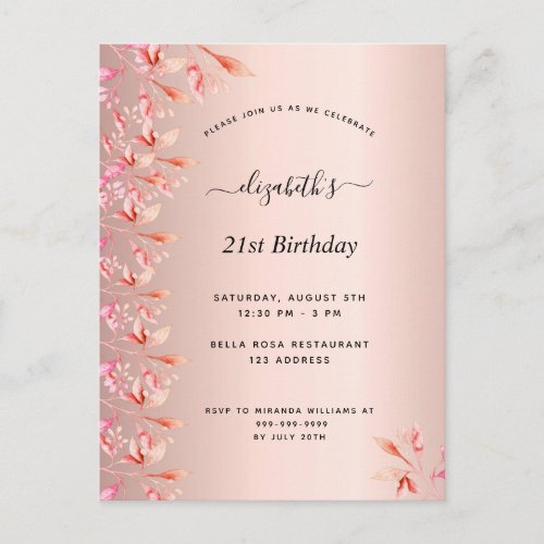 21st birthday rose gold pink floral invitation postcard