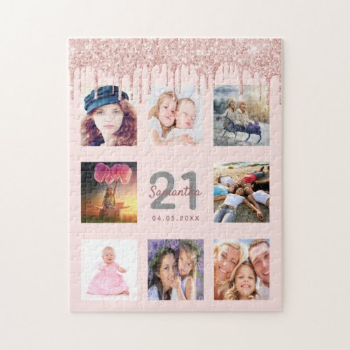 21st birthday rose gold pink glitter drips photo jigsaw puzzle