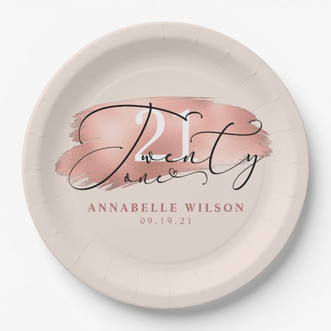 21st Birthday Rose Gold & Pink Paper Plates (Front)