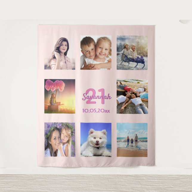 21st birthday rose gold pink photo collage tapestry (Front)