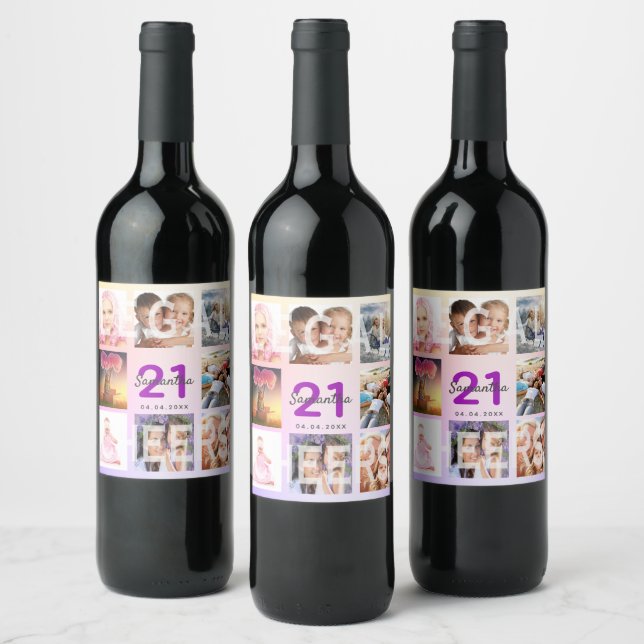 21st birthday rose gold pink purple photo name wine label (Bottles)
