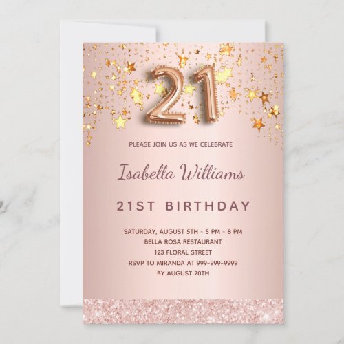21st birthday rose gold pink stars balloon script invitation