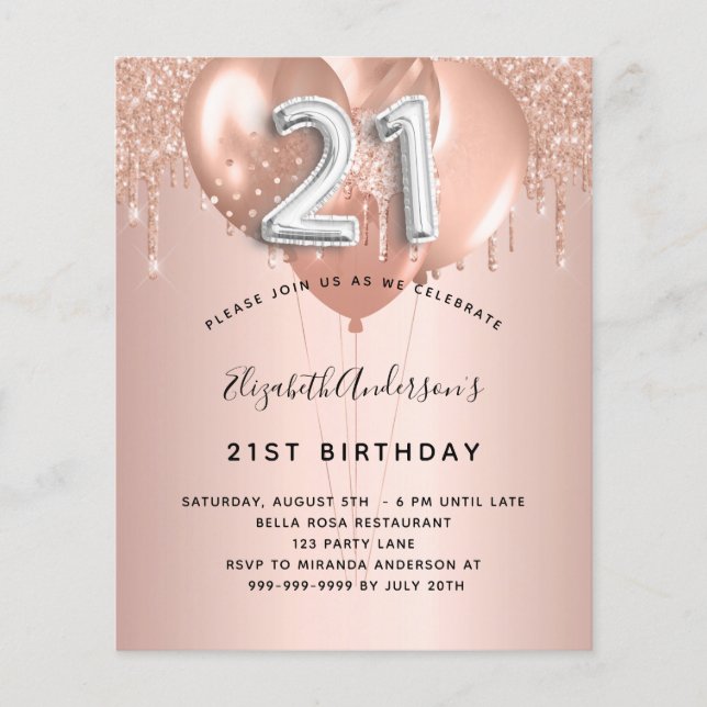 21st birthday rose gold silver balloons invitation (Front)