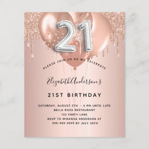 21st birthday rose gold silver balloons invitation