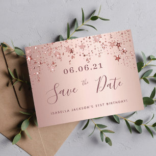 21st birthday rose gold stars save the date postcard