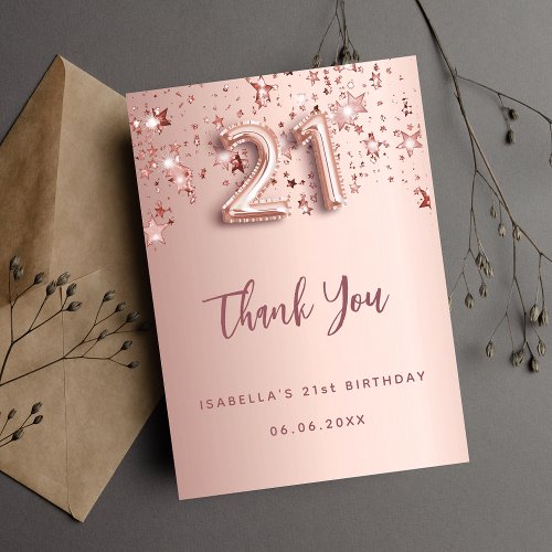 21st birthday rose gold stars thank you card