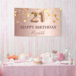 21st birthday rose gold stars welcome party banner<br><div class="desc">Elegant, classic, glamorous and girly for a 21st birthday party. Rose gold and blush pink, gradient background. Decorated with faux gold stars. Personalize and add a name. With the text: Happy Birthday. The name is written with a modern dark rose colored hand lettered style script. Number 21 is written with...</div>