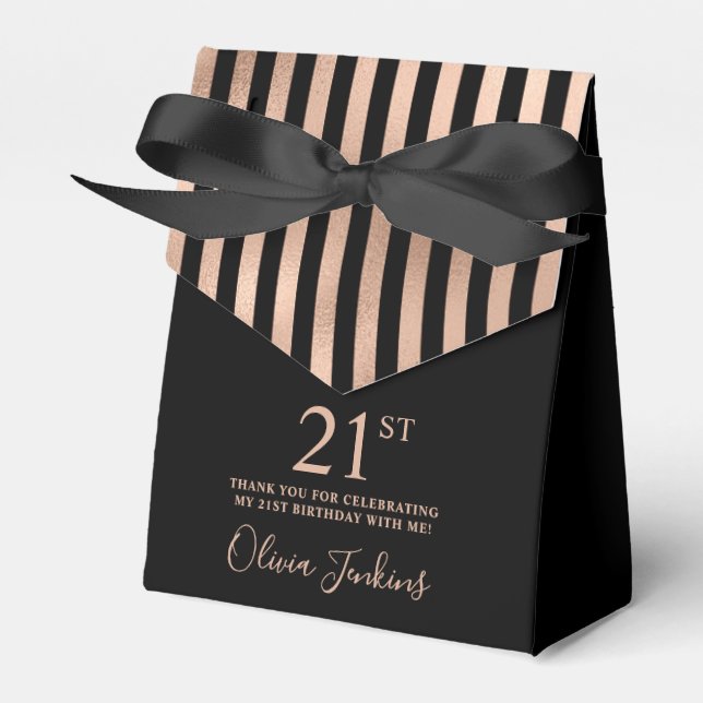 21st Birthday Rose Gold Striped Thank You Favor Boxes (Front Side)