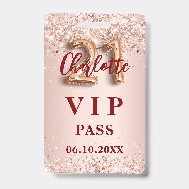 21st birthday rose gold vip party pass badge (Front)