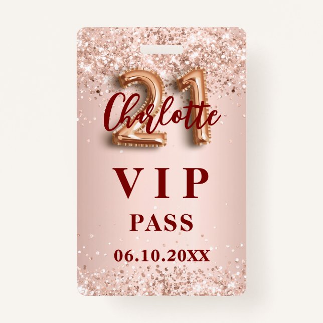 21st birthday rose gold vip party pass badge (Front)