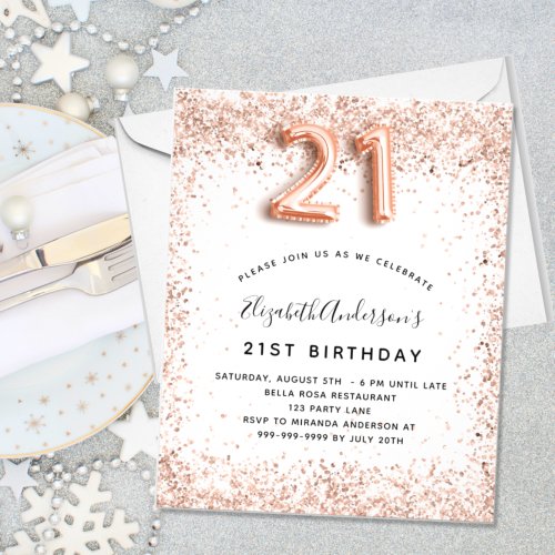 21st birthday rose gold white budget invitation flyer