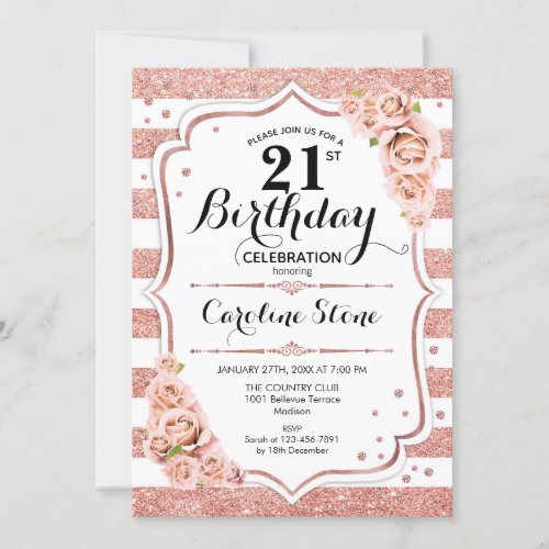 21st Birthday _  Rose Gold White Stripes Invitation