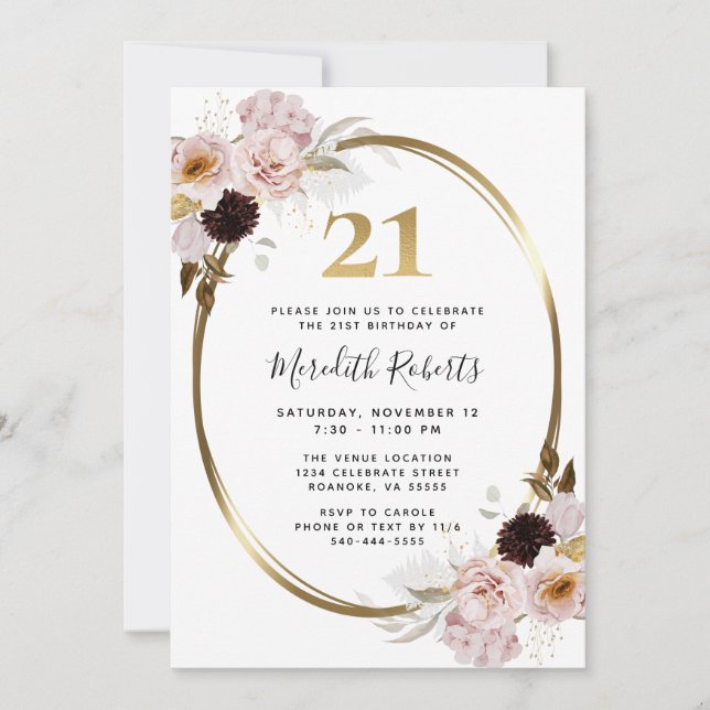 21st Birthday Roses Gold Metallic Floral Party Invitation (Front)