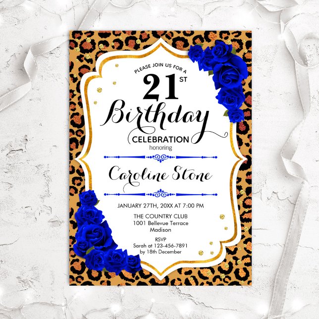 21st Birthday - Royal Blue Gold Leopard Print Invitation (Creator Uploaded)