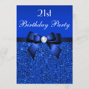 21st Birthday Royal Blue Sequins Bow and Diamond Invitation