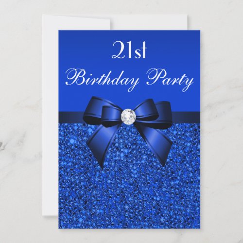 21st Birthday Royal Blue Sequins Bow and Diamond Invitation