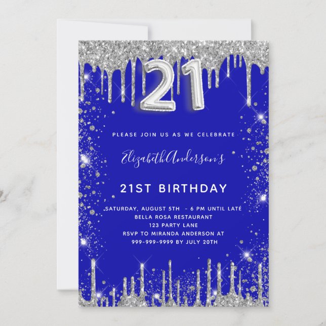 21st birthday royal blue silver glitter dust glam  invitation (Front)
