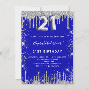 21st birthday royal blue silver glitter dust glam  invitation