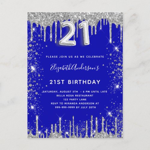 21st birthday royal blue silver glitter dust glam invitation postcard