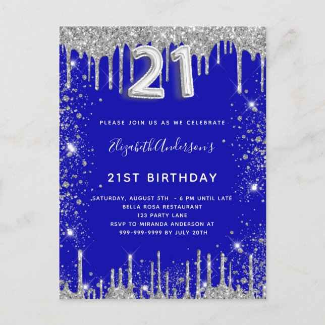 21st birthday royal blue silver glitter dust glam invitation postcard (Front)