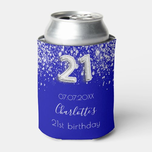 21st birthday royal blue silver glitter name can cooler