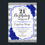21st Birthday - Royal Blue Silver White Stripes Invitation<br><div class="desc">21st Birthday Invitation.
Elegant design in faux glitter silver,  white and royal blue. Features stylish script fort,  stripes and blue roses. Perfect for an elegant birthday party. Can be customized into any age.</div>
