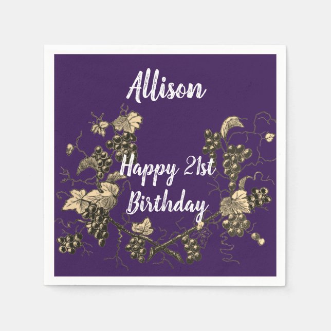 21st Birthday Royal Purple Elegant Vintage Grapes Napkins (Front)