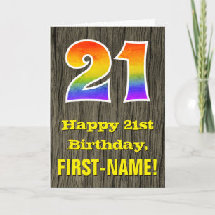 21st Birthday: Rustic Faux Wood Look, Rainbow "21" Card
