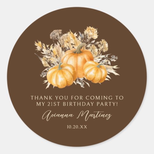 21st Birthday Rustic Pumpkin Fall Thank You Favor Classic Round Sticker