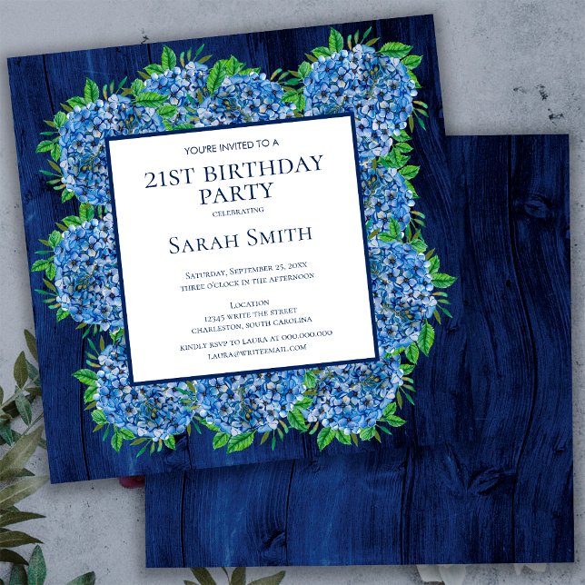 21st Birthday Rustic Wood Blue Hydrangeas Party Invitation (Creator Uploaded)