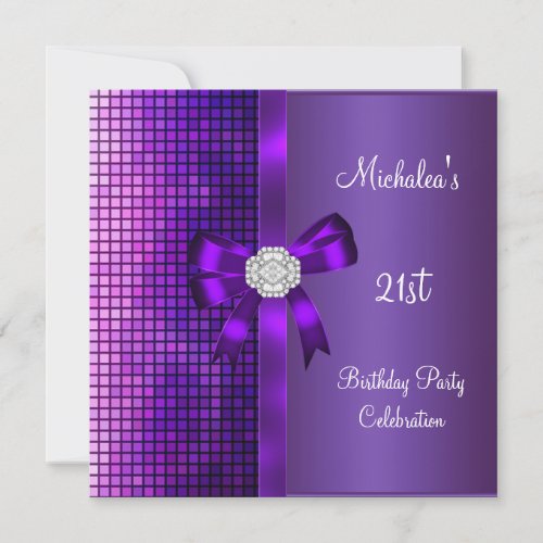 21st Birthday Sequins Purple Diamond Bow Personalized Invitations