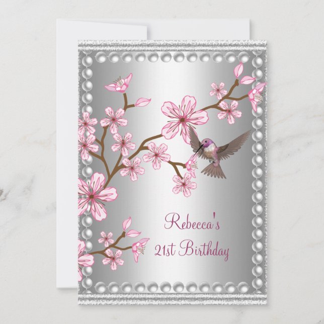 21st Birthday Silver Asian Pink Pearl Flower Bird Invitation (Front)