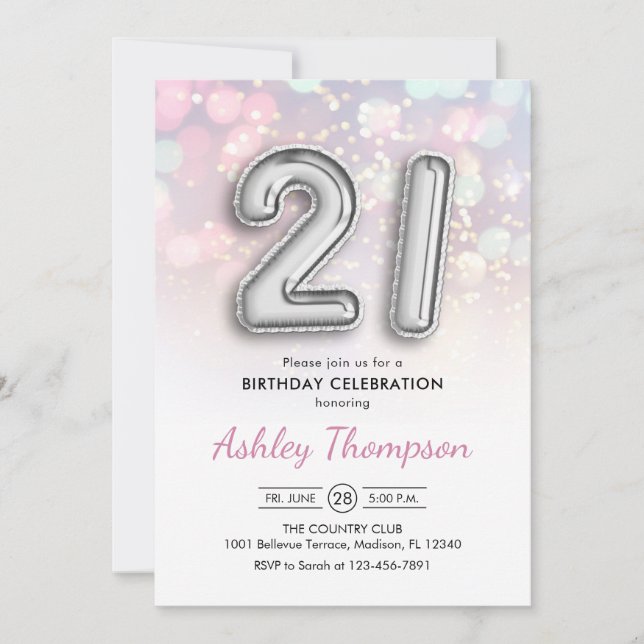 21st Birthday - Silver Balloons Pink Lights Invitation (Front)