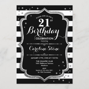 21st Birthday - Silver Black White Stripes Invitation