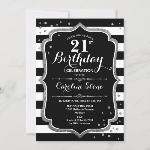 21st Birthday _ Silver Black White Stripes Invitation