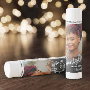 21st birthday silver color script photo key favor lip balm