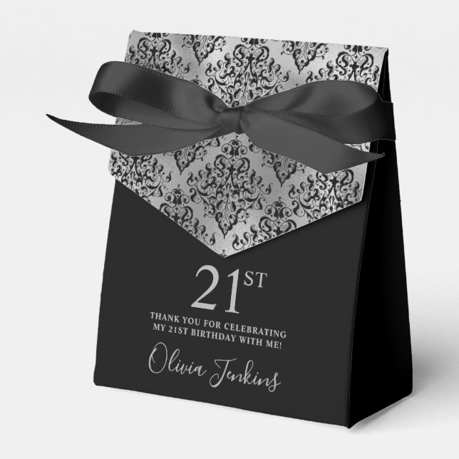 21st Birthday Silver Damask Thank You Favor Boxes (Front Side)