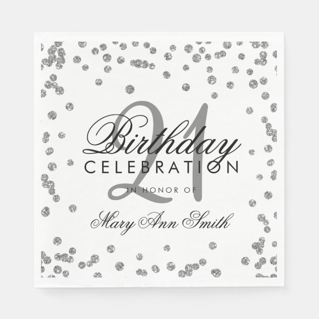 21st Birthday Silver Faux Glitter Confetti White Napkins (Front)