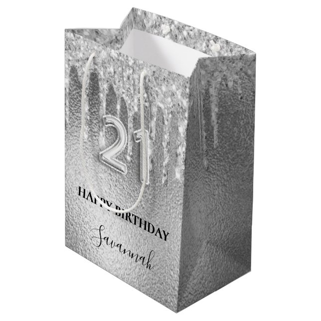 21st birthday silver glitter drips monogram medium gift bag (Back Angled)