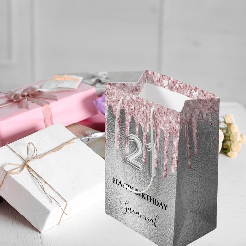 21st birthday silver glitter drips pink monogram medium gift bag