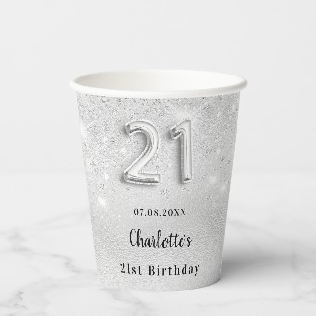 21st birthday silver glitter name glamorous paper cups (Back)