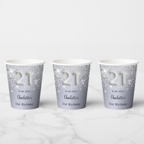 21st birthday silver glitter name paper cups