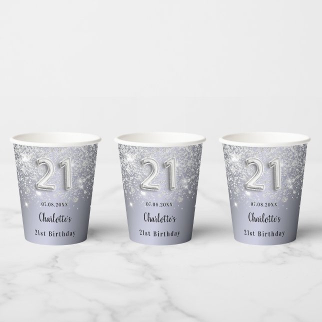 21st birthday silver glitter name paper cups (Multi)