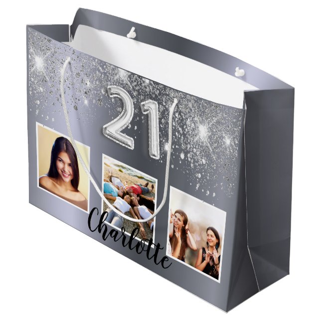 21st birthday silver glitter photo large gift bag (Back Angled)