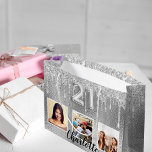 21st birthday silver glitter photo name unique large gift bag<br><div class="desc">A gift bag for a feminine and glamorous 21st birthday.  A faux silver looking  background with faux glitter drips,  paint dripping look. Personalize and add 3 photos and a name.  Number 21 is written with a balloon style font. Perfect as a party favor bag or as a gift  bag.</div>