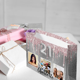 21st birthday silver glitter photo pink monogram large gift bag