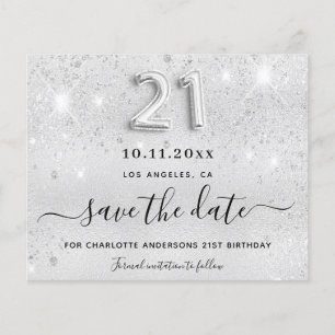 21st birthday silver glitter save the date card